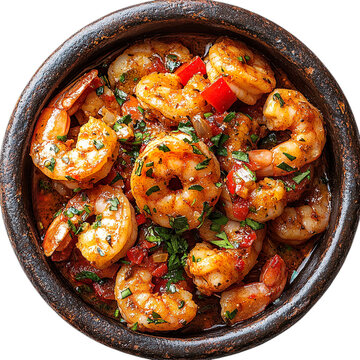 Extreme top view of a perfectly perfect looking gambas al ajillo in a dark stoneware bowl isolated on a white transparent background
