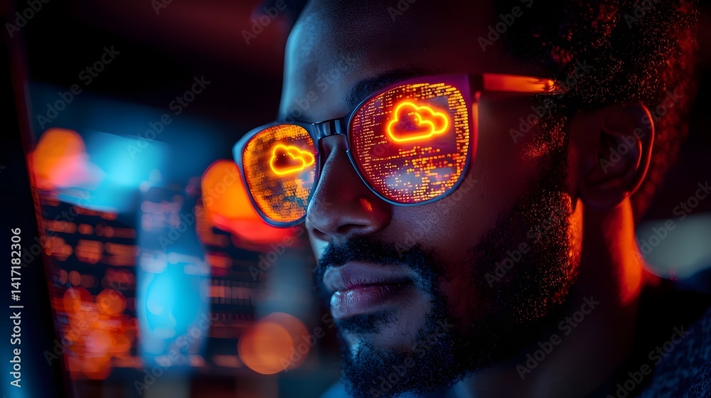 Poster programmer coding on laptop with cloud icon reflected in glasses