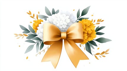 Obraz premium Elegant floral arrangement with golden bow celebration event digital art bright background top view joyful concept