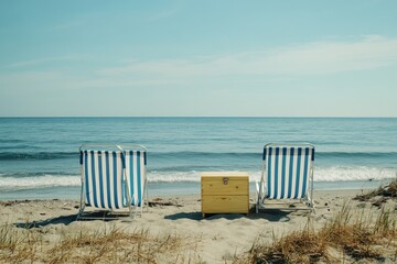 Beach chairs and small wooden chest on the shore