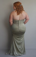Rear view of a plus size woman with curly auburn hair wearing a floor length, champagne colored satin gown embellished with beaded detailing along the back. The dress features a strapless sweetheart