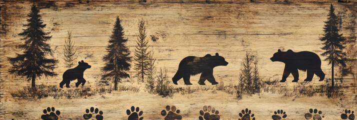 Rustic wooden wall art with bear silhouettes in forest scene
