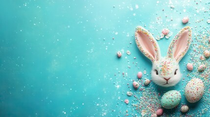 Easter sweets concept. Top view photo of easter bunny ears chocolate eggs with dragees and sprinkles on turquoise background with empty space