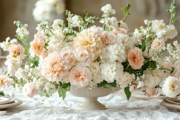 Elegant floral centerpiece in soft pastel hues brings warmth to a round dining table setting