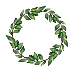 Round watercolor frame of rich green leaves and twigs of blueberry. Space for text. Botanical illustration of parts of tree. Isolated on white background, hand drawn. For cards, invitations, textiles