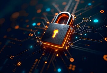 Padlock on binary code, Technology, Cybernetic Safeguard in Action