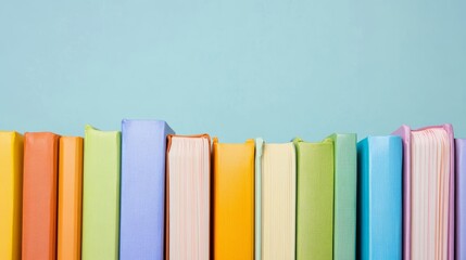 Colorful school books row on light blue background 