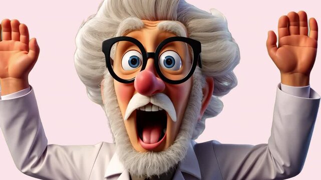 Crazy scientist with glasses animated overlay, transparent 4K video, alpha channel, ProRes 4444