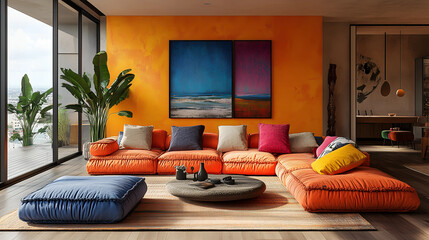 Modern living room with vibrant colors and panoramic view of the city during daylight