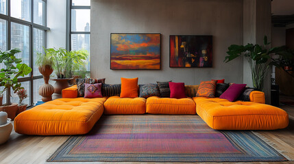 Stylish orange sofa in modern living room with vibrant décor and large windows showcasing city skyline