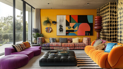 Vibrant living room showcasing bold colors and modern design elements in a contemporary setting