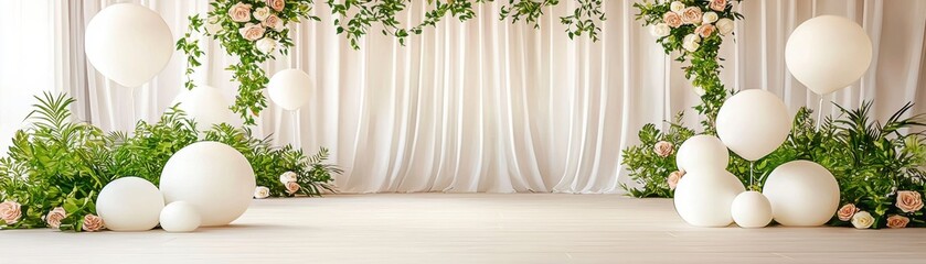 Elegant wedding stage design with floral accents indoor venue event setup romantic atmosphere wide angle view