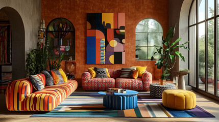 Vibrant modern living room showcasing eclectic decor and bold colors in a stylish interior design