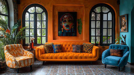 Colorful living room with unique furniture and artwork in a vibrant urban setting