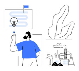 Man touching light bulb on visual interface, representing creativity and innovation. Factory, foliage, and process flow highlight sustainability, technology, and development. Ideal for innovation