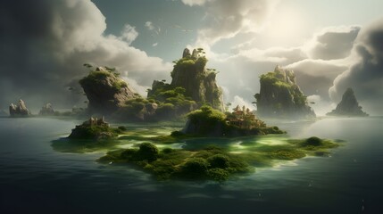 Fantasy scene with floating grass-covered islands, water