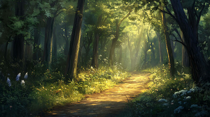 Fototapeta premium A quiet forest path surrounded by tall trees and soft sunlight