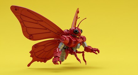 Red robot butterfly insect toy robotic wings yellow background futuristic design creative illustration