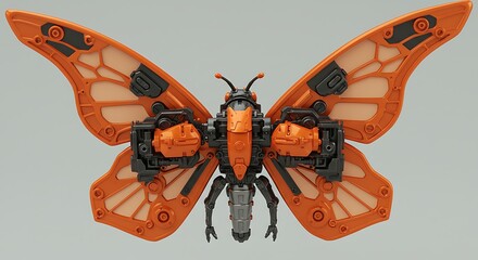Orange robotic butterfly insect transformer toy robot wings antenna mechanical design futuristic creature