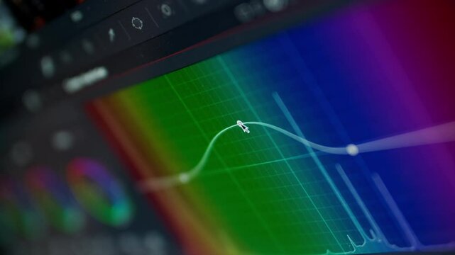 Video color correction: Curved control lines are changed using the cursor. The user enhances the contrast in a grading software program and uses a color interface. Professional cinematic footage