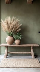 Rustic oak double doors with black iron hardware stand beside a wooden table holding pampas grass in a modern, boho-style entrance