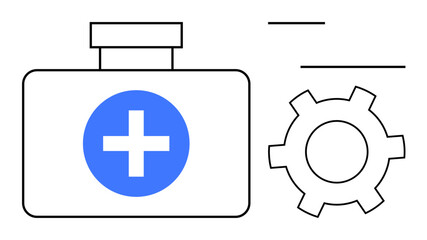 Medical kit featuring a cross symbol, a gear icon suggesting system operations or healthcare solutions. Ideal for healthcare services, medical assistance, system integration, maintenance, hospital
