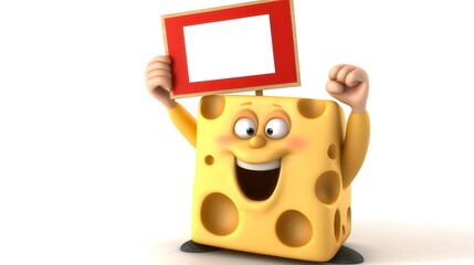 Obraz premium Cheerful Cartoon Cheese Character Holding Blank Signboard