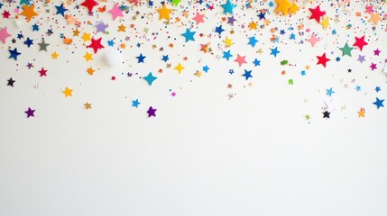 Colorful star confetti sprinkles on white background.