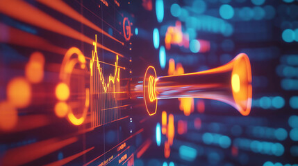 Digital marketing concept with glowing icons of charts and megaphones