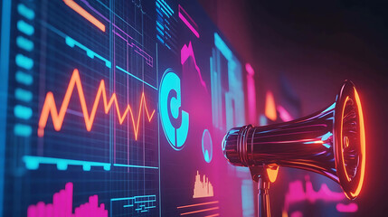 Digital marketing concept with glowing icons of charts and megaphones