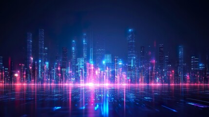 Futuristic city skyline glowing with digital lights and advanced technology