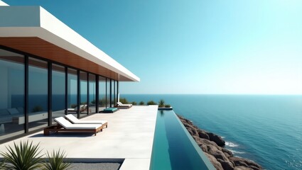 Fototapeta premium Captivating house with stunning ocean view surrounded by surreal vibrant elements in a beautiful coastal landscape