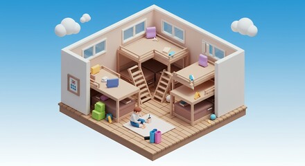 3 d isometric dorm room interior design pastel colors