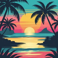 Colorful sunset tropical beach illustration
