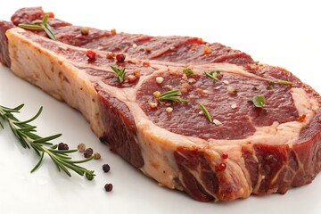 Obraz premium Raw ribeye steak meat beef fresh rosemary pepper spices food gourmet delicious protein dinner lunch meal prepare