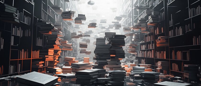 Conceptual library with stacks of books and floating volumes reflecting intellectual pursuit