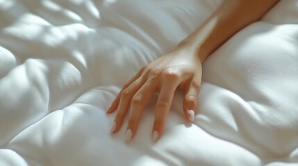 Woman's hand resting on soft white bedding in sunlight.