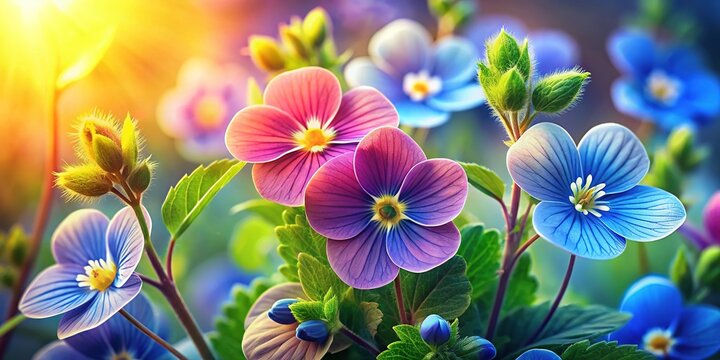 Veronica Beccabunga Flowers Closeup Botanical Illustration