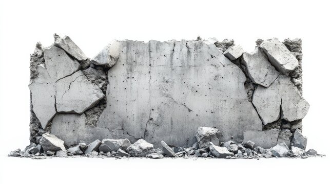 Destroyed concrete wall with large chunks of debris isolated on white.