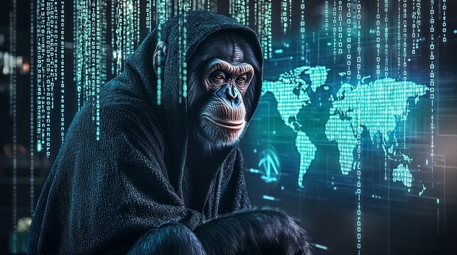Chimpanzee hacker in a cloak with binary code and world map background 