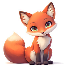 Fototapeta premium Adorable cartoon fox sitting with curled tail whimsical artwork cozy studio colorful environment