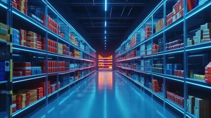Neon-lit supermarket aisle, night, products