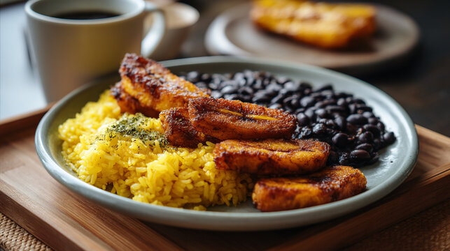 Cuban food arroz congri plantains and black beans delicious caribbean cuisine traditional lunch meal