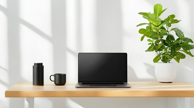 Modern office desk setup with laptop and coffee bright workspace clean design minimalist style - Powered by Adobe