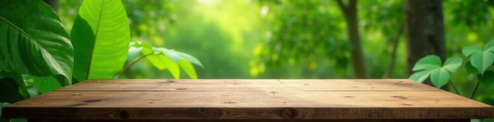 Wooden dining table surrounded by lush green foliage and soft focus effect, leaves, nature, blurred