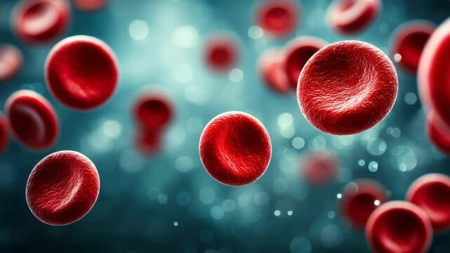 Floating red blood cells on a blue background with bokeh, representing health, medicine and blood flow concept.