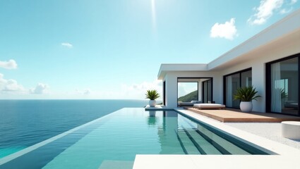 Fototapeta premium Inviting pool with stunning view of the ocean surrounded by lush greenery perfect for relaxation and outdoor living