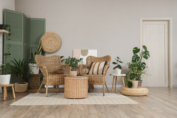 Interior of stylish living room with wicker armchairs, coffee table and houseplants