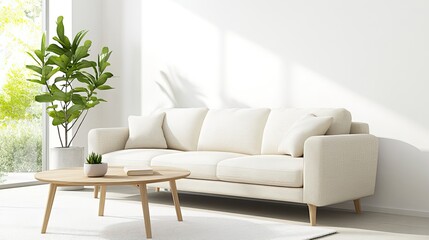 Fototapeta premium Stylish living room interior design with neutral color palette in bright space