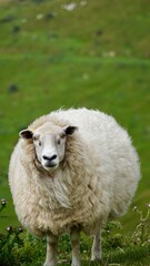 Fototapeta premium Closeup of a large fluffy sheep in a field in New Zealand